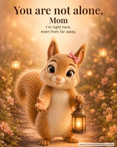 You are not alone, Mom. A squirrel offers a hand and holds a lantern.