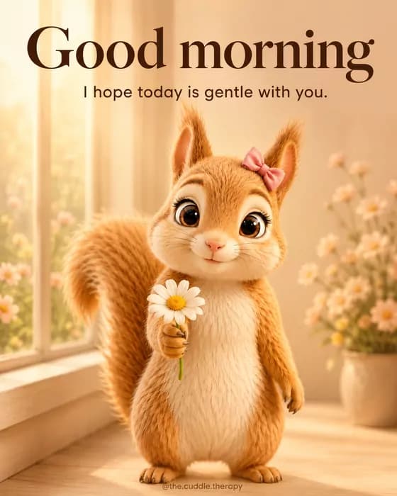 Good morning. I hope today is gentle with you. Linda, a golden squirrel with a pink bow, holds a daisy.