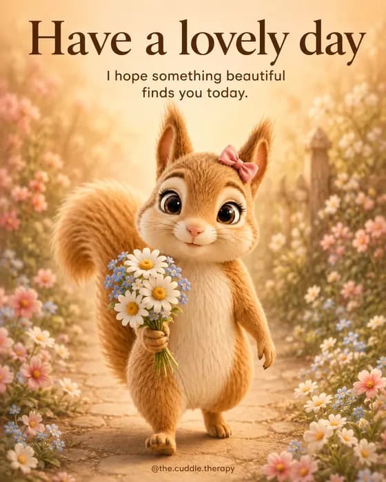 Have a lovely day. I hope something beautiful finds you today. Linda, a golden squirrel with a pink bow, carries flowers.