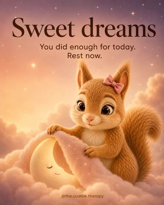 Sweet dreams. You did enough for today. Rest now. Linda, a golden squirrel with a pink bow, tucks a smiling moon into clouds.