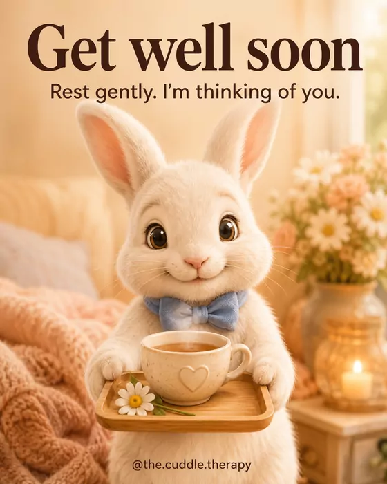 Get well soon. Rest gently. I’m thinking of you. A white rabbit carrying a warm drink.
