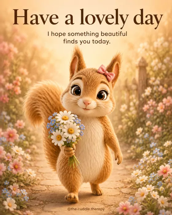 Have a lovely day. I hope something beautiful finds you today. A squirrel carrying flowers.